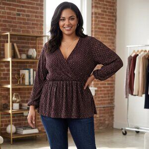 Lily Morgan Plus Size 2X Chevron Pleated Faux-Wrap Peplum Top
